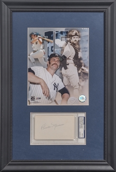 Thurman Munson Signed Index Card With Photo In 15x22 Framed Display (PSA/DNA MINT 9)